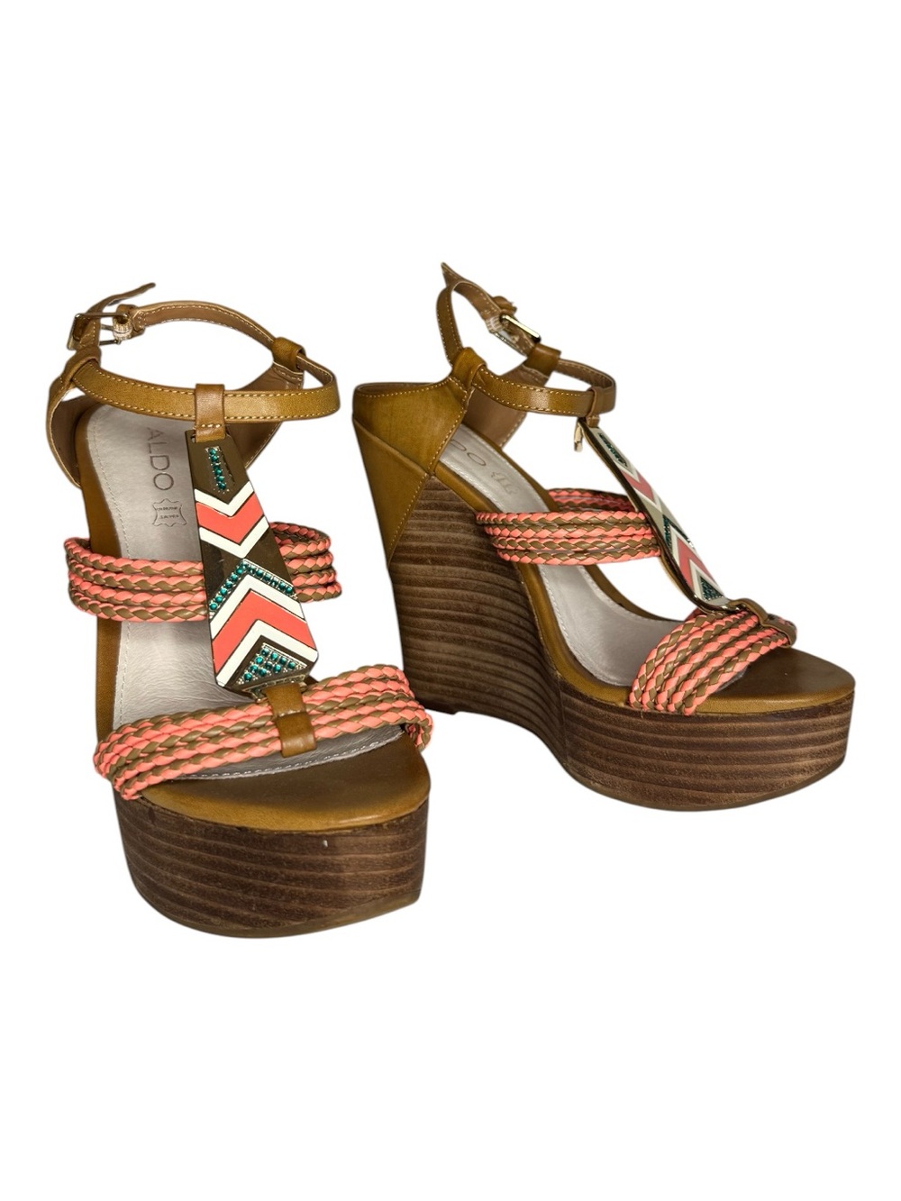 Aldo Coral and Tan Braided Chevron Wedge Sandals